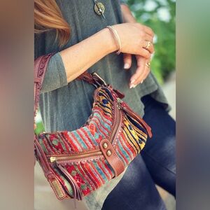 Isabella Fiore Embroidered Velvet Italian Leather Shoulder Bag Boho